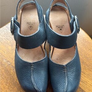 John Fluevog Blue Leather Mary Jane Clogs with Decorative Ring